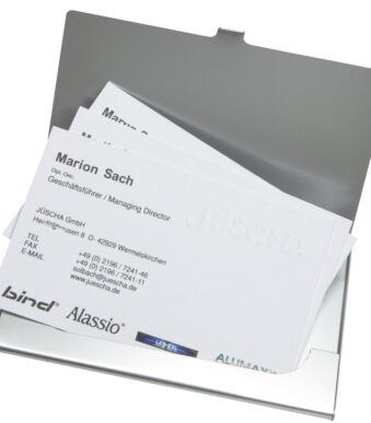 Alassio visitekaartjesetui, van aluminium, mat zilver