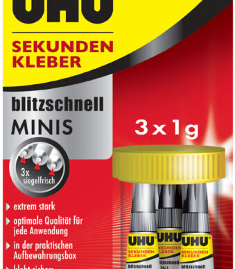 UHU secondenlijm bliksemsnel MINIS, 3 tubes à 1 g