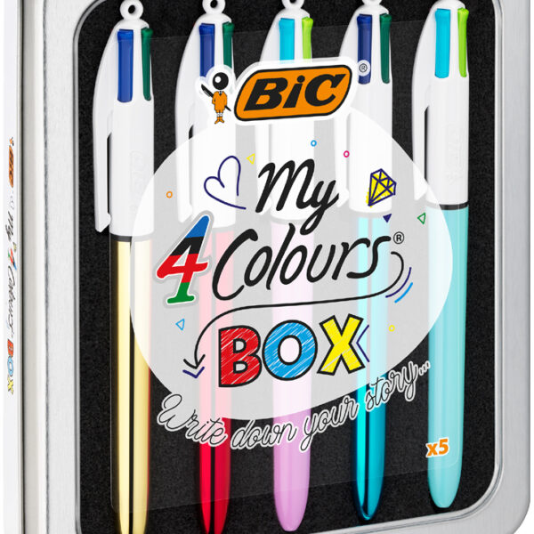 BIC drukbalpen 4 Colours Collectie, 5 stuks in metalen doosje