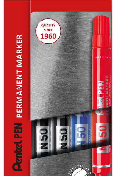 Pentel permanent-marker N50, ronde punt, 4 stuks in etui, assorti