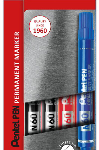 Pentel permanent-marker N60, wigpunt, 4 stuks in etui, assorti