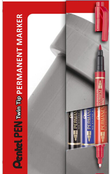 Pentel permanent marker Pen, dubbele punt, 3 stuks in etui, kleuren assorti