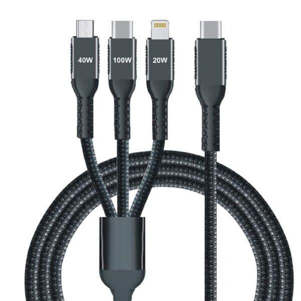 IWH 3-in-1 laadkabel, USB-A-Lightning + Micro USB + USB-C, zwart