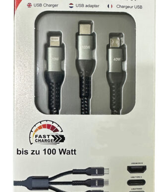 IWH 3-in-1 laadkabel, USB-A-Lightning + Micro USB + USB-C, zwart