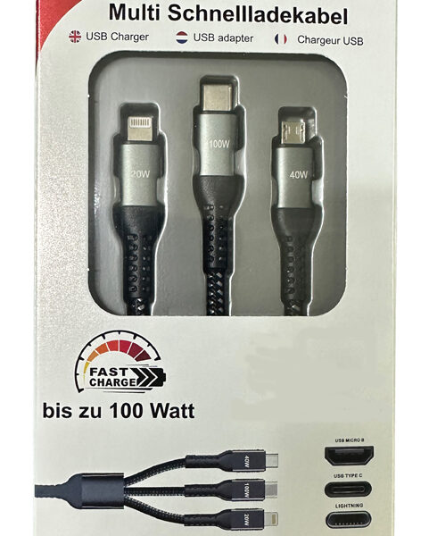 IWH 3-in-1 laadkabel, USB-A-Lightning + Micro USB + USB-C, zwart