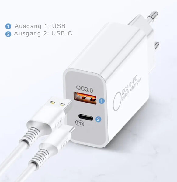 IWH USB-C-oplader, 1x USB-A / 1x USB-C, 30 Watt, wit