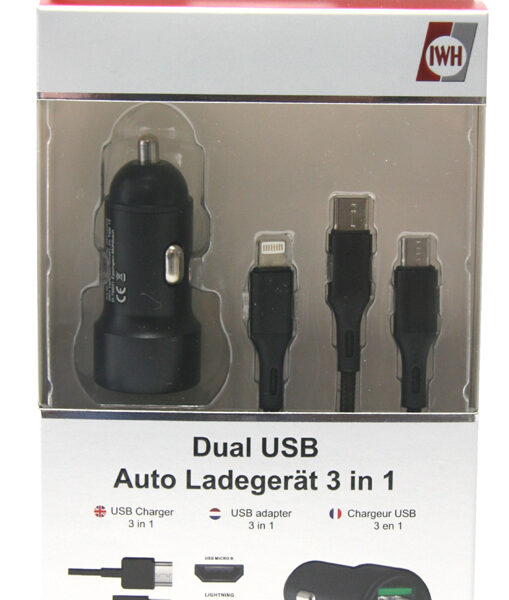 IWH USB-autolader '3IN1', 12/24 V, zwart