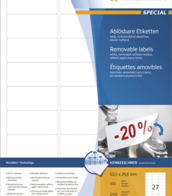 HERMA etiketten SPECIAL, 63,5 x 29,6 mm, wit, 100 vel, verwijderbaar