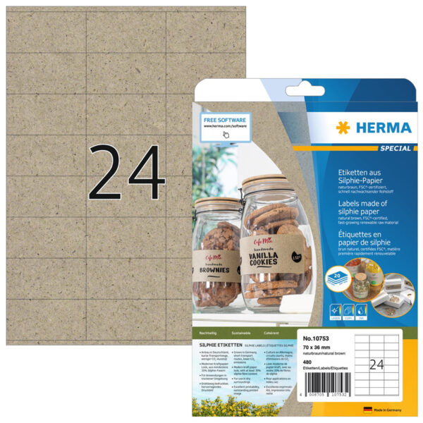 HERMA etiketten van silphie papier, 70 x 36 mm, naturelbruin, 20 vel, permanent