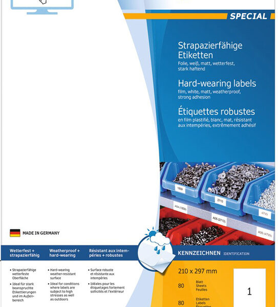 HERMA weersbestendige folie-etiketten, 210 x 297 mm, wit, permanent