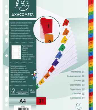 EXACOMPTA kartonnen tabbladen 1-31, DIN A4, wit, 31-delig