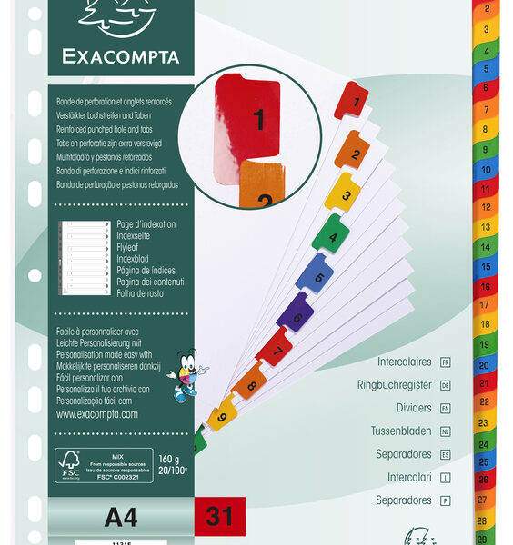 EXACOMPTA kartonnen tabbladen 1-31, DIN A4, wit, 31-delig
