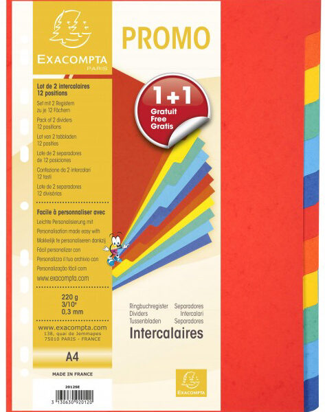 EXACOMPTA kartonnen tabbladen, DIN A4, 12-delig, Promopack 1+1