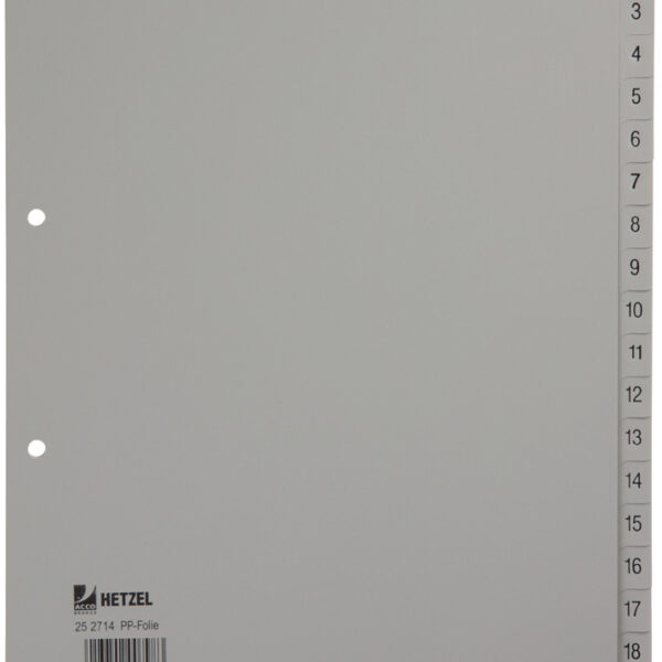 HETZEL kunststof tabbladen, cijfers, A4, 1-20, PP, grijs