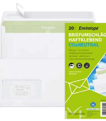 MAILmedia envelop Envirelope, 110x220 mm, recycl. wit, 75 g/m2, venster li. 45x90 mm, zelfkl., 20 st