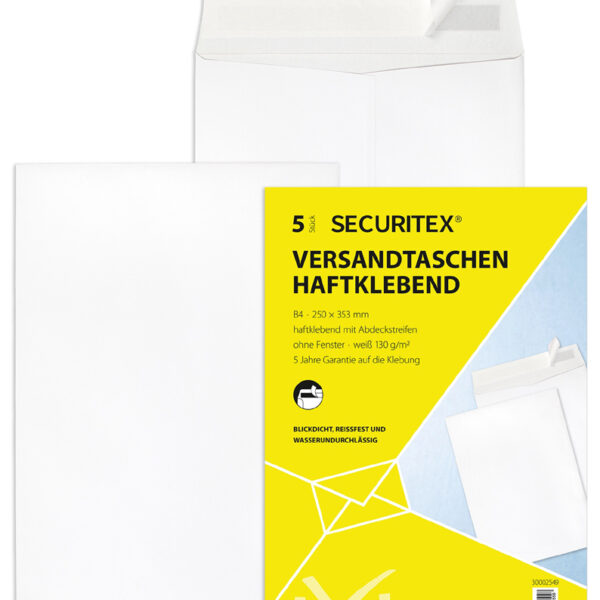 SECURITEX akte-envelop, B4, 25 x 35,3 cm, wit, zonder venster, zelfklevend, 130 g/m2, 5 st.