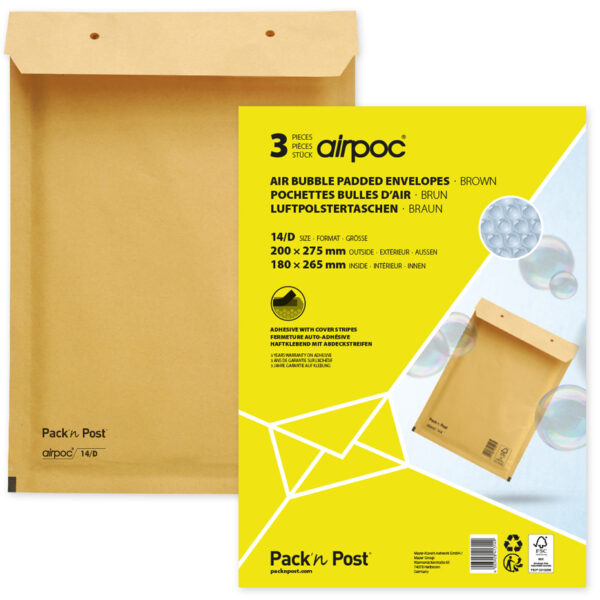 MAILmedia luchtkussen-enveloppen, type D14, bruin, 14 g, 17,5x26,5 cm, zelfklevend, 3 st.