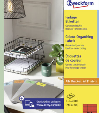 AVERY etiketten, 70 x 37 mm, rood, 100 vel, permanent