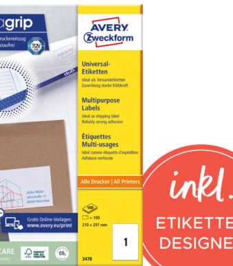 AVERY etiketten, 210 x 297 mm, wit, 100 vel, permanent