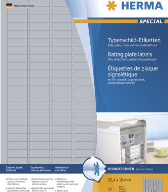 HERMA folie-etiketten typeplaatje SPECIAL, 25,4 x 10 mm, 25 vel A4, permanent, zilver, mat