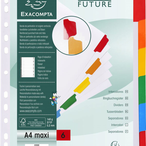 EXACOMPTA kartonnen tabbladen, DIN A4 overbreed, 6-delig