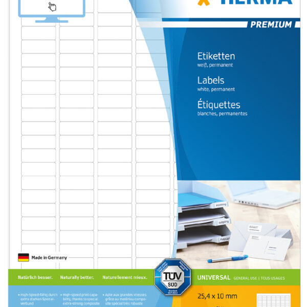 HERMA etiketten PREMIUM, 25,4 x 10 mm, wit, 25 vel, permanent