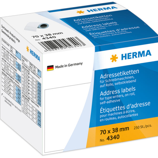 HERMA adresetiketten, 70 x 38 mm, op rol, permanent, wit