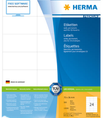 HERMA etiketten PREMIUM, 70 x 36 mm, wit, 500 vel, permanent