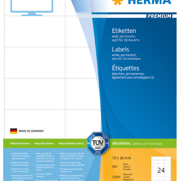 HERMA etiketten PREMIUM, 70 x 36 mm, wit, 500 vel, permanent