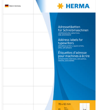 HERMA adresetiketten, 70 x 42 mm, rechte hoeken, 20 vel A4, permanent, wit