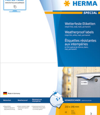 HERMA inkjet folie-etiketten, 210 x 148 mm, 10 vel A4, permanent, wit, mat