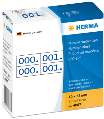 HERMA nummer-etiketten 0-999, 10 x 22 mm, blauw op wit papier, dubbel