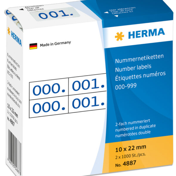 HERMA nummer-etiketten 0-999, 10 x 22 mm, blauw op wit papier, dubbel