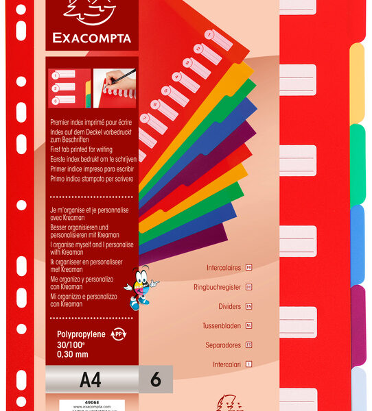 EXACOMPTA kunststof tabbladen, blanco, A4, 6-delig