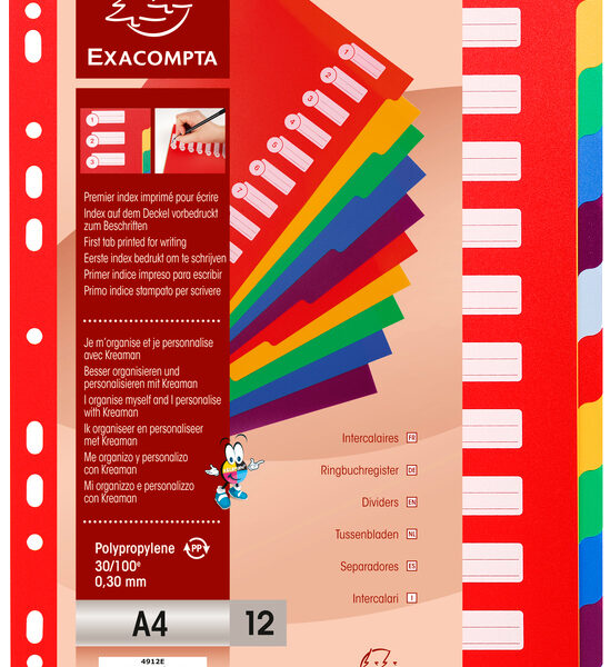 EXACOMPTA kunststof tabbladen, blanco, A4, 12-delig