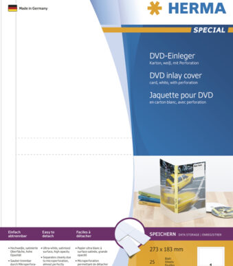 HERMA DVD-inlegkaart, voor DVD-dozen, 183,0 x 273,0 mm, 25 vel A4, wit