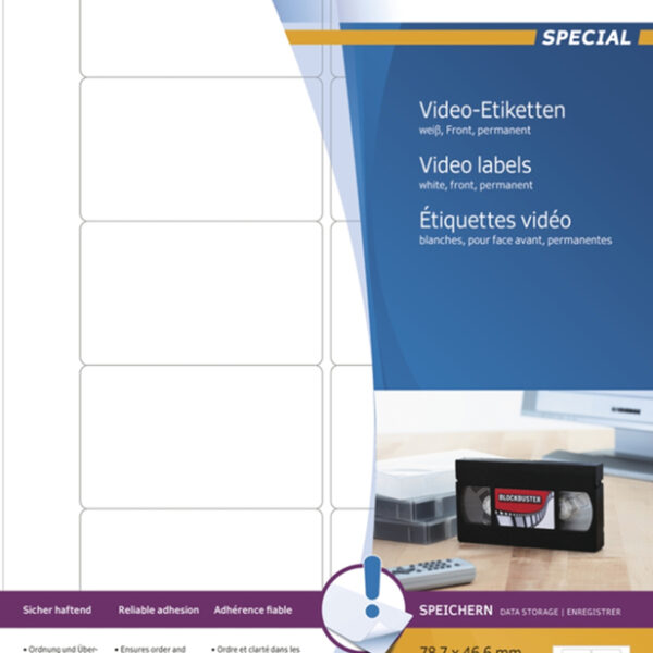 HERMA Video-etiketten SPECIAL, 78,7 x 46,6 mm, 25 vel A4, permanent, wit