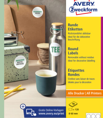 AVERY markeringspunten, rond 60 mm, 10 vel A4, verwijderbaar, wit