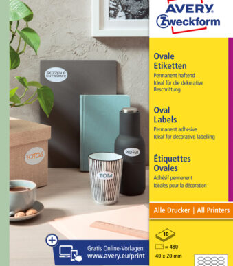 AVERY markeringspunten, ovaal, 40 x 20 mm, 10 vel A4, permanent, wit