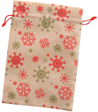 folia zak in jutelook, naturel met sneeuwvlokken