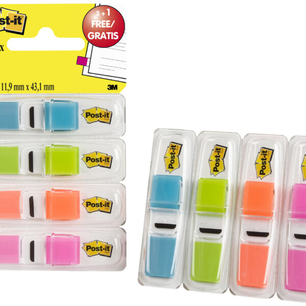 Post-it zelfklevende indextabs, 11,9 x 43,2 mm, 4 stuks in dispenser