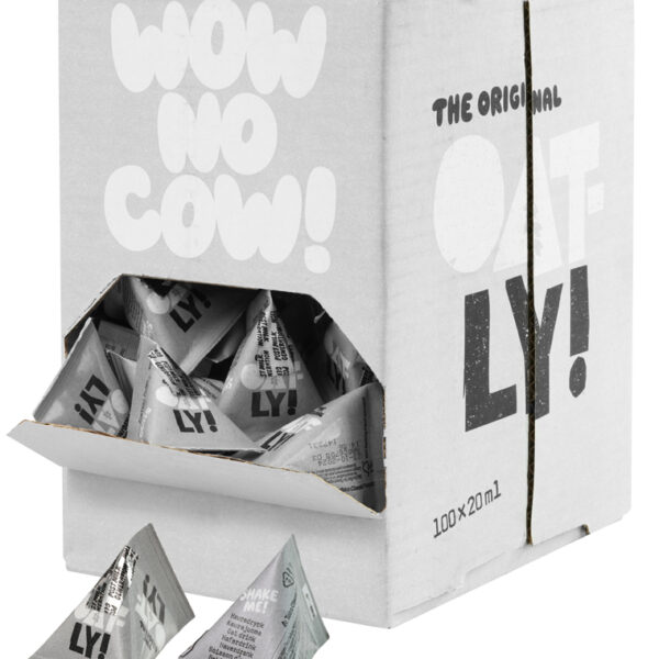 Oatly havermelk-porties, in displaydoos