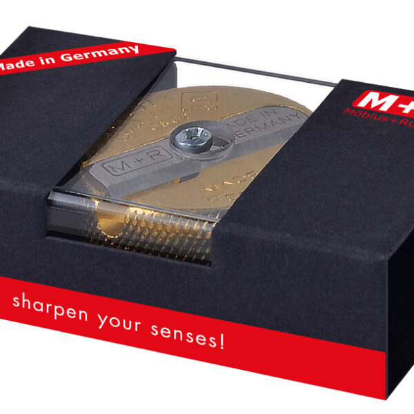 M+R dubbele-puntenslijper, van messing, rond, in cadeauverpakking