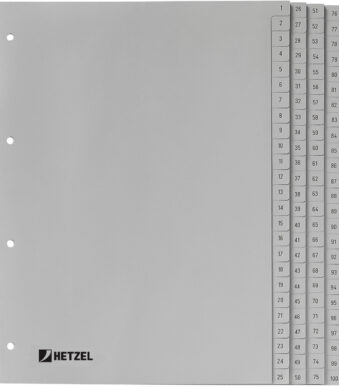 HETZEL kunststof tabbladen, cijfers, A4, 1-100, PP, grijs
