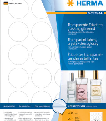 HERMA folie etiketten SPECIAL, rond 40 mm, 25 vel A4, permanent, transparant