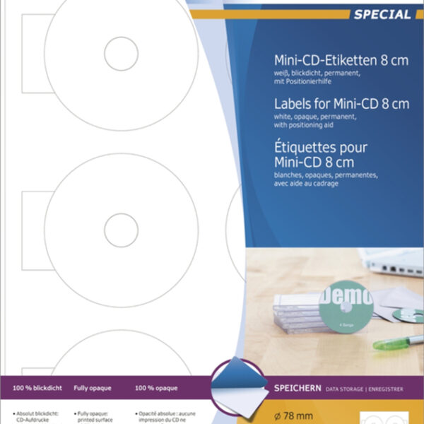 HERMA Mini CD/DVD-etiketten SPECIAL, diameter: 78 mm, 10 vel A4, permanent, wit