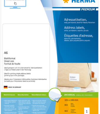 HERMA PREMIUM Universele-etiketten, 105 x 148 mm, wit, 800 vel A6, permanent