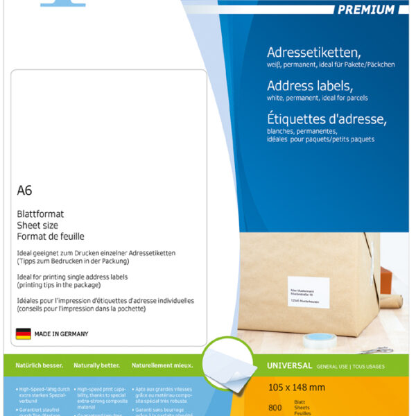 HERMA PREMIUM Universele-etiketten, 105 x 148 mm, wit, 800 vel A6, permanent