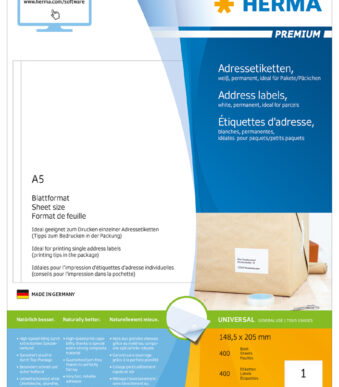 HERMA etiketten PREMIUM, 148,5 x 205 mm, wit, 400 vel A5, permanent
