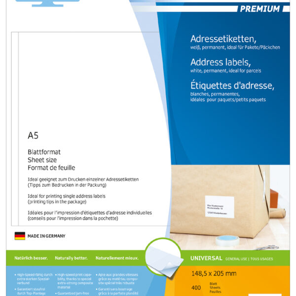 HERMA etiketten PREMIUM, 148,5 x 205 mm, wit, 400 vel A5, permanent